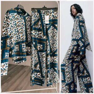 Zara Scarf Print Fluid Top Size M & Pants Size S Set